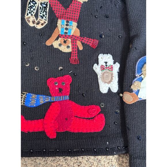 Vintage Susan Bristol Teddy Bear Applique Black Knit Cardigan Sweater Petite - Picture 11 of 13